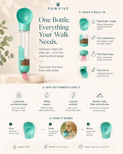 PAWVIVE Explorer Bottle — 4-in-1 Travel Water Bottle, Bowl & Waste Kit