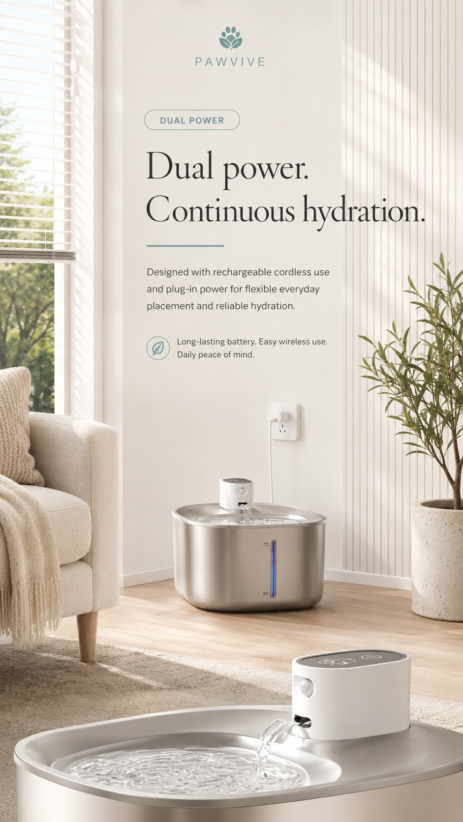 PAWVIVE Smart Sensor Water Fountain — Stainless Steel, 4L